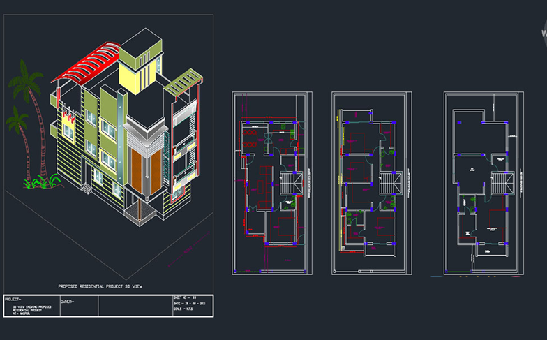 دانلود فایل اتوکد طراحی سه‌بعدی بانگلو DWG برای AutoCAD | Bunglow 3D DWG Design